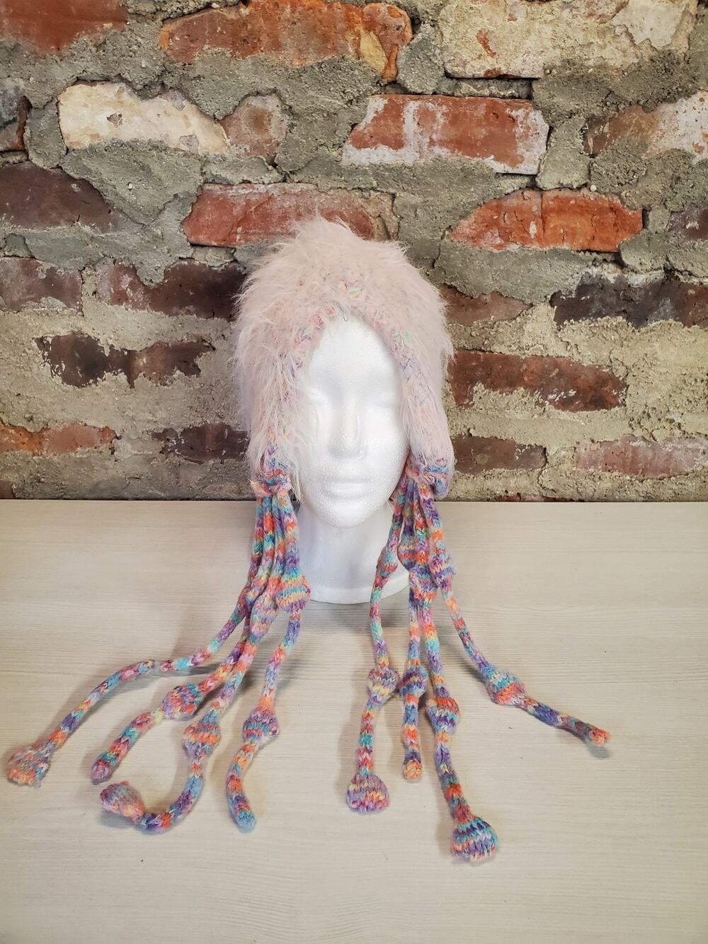Womens Dreadlock Hat Pink Multicolor Fuzzy Knit Winter Beanie Boho Hippie